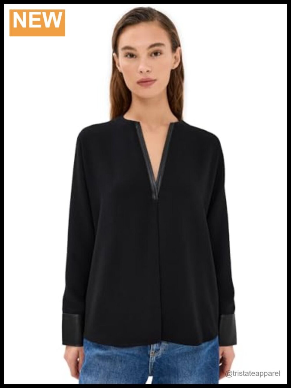 Vince Blouse Leather Trim Dolman Sleeve V-Neck Blouson Top